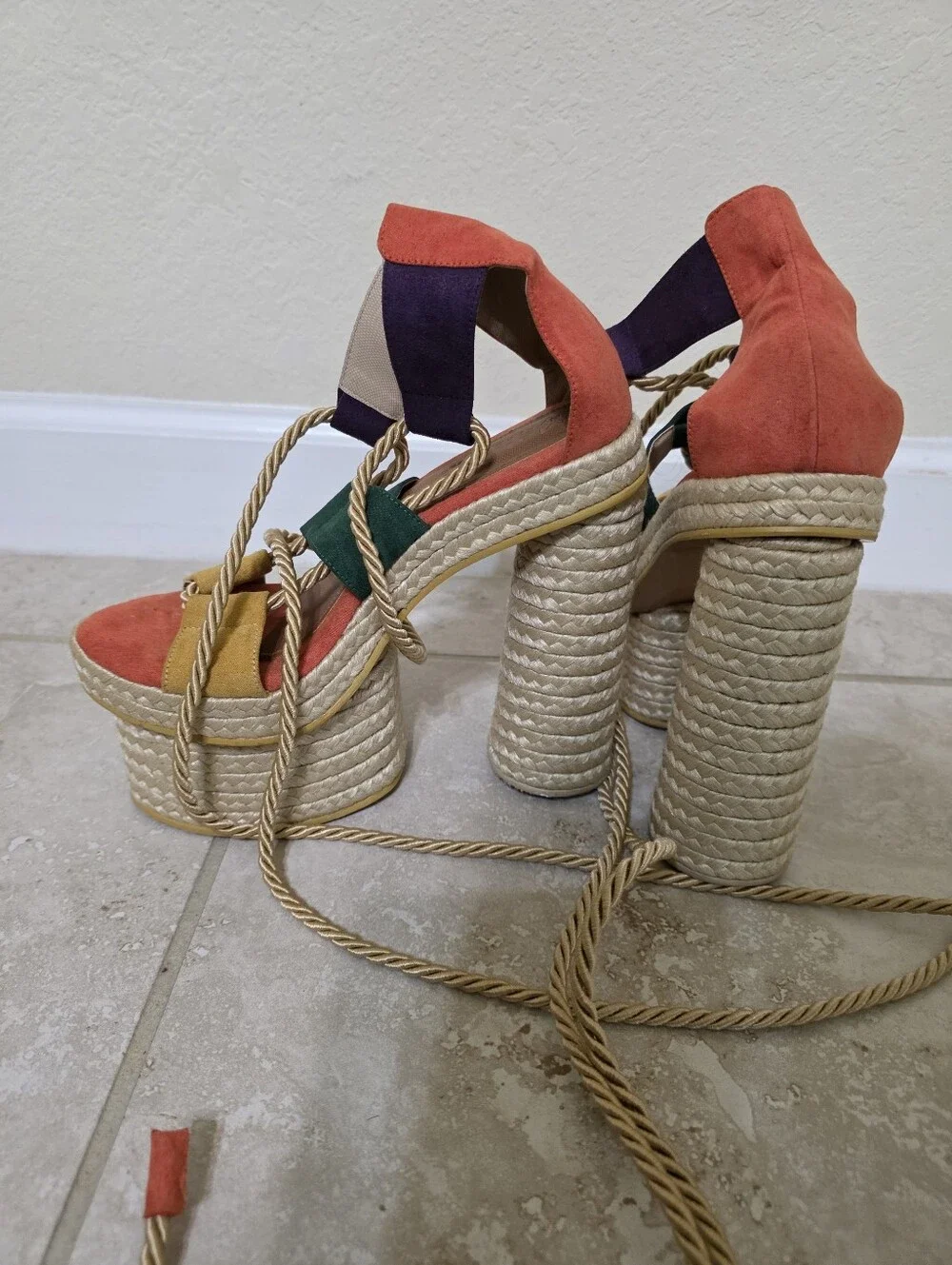 Vibrant Colorblock Platform Espadrille Lace-Up Sandals. US 6.5